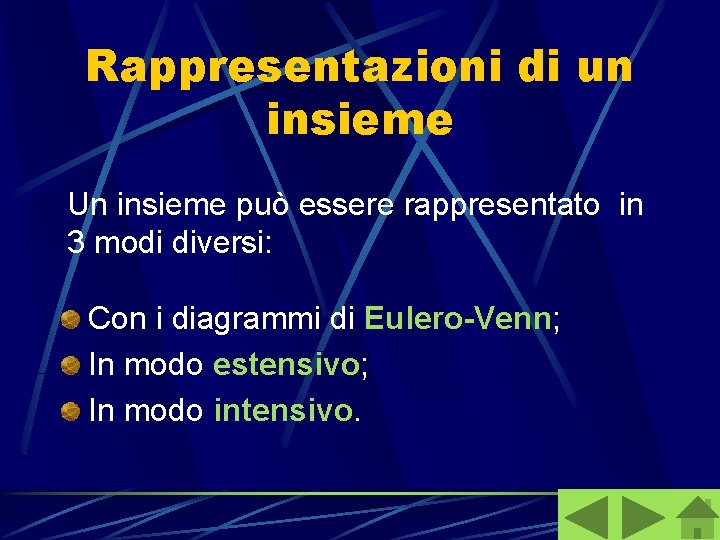 Rappresentazioni di un insieme Un insieme può essere rappresentato in 3 modi diversi: Con