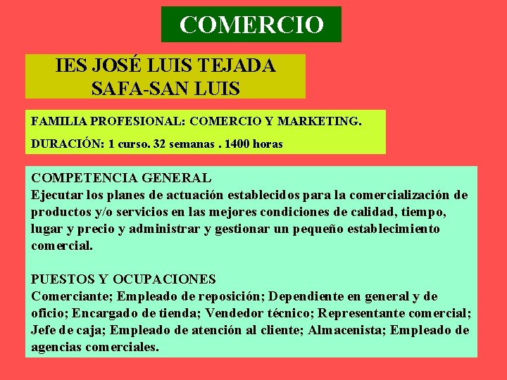 COMERCIO IES JOSÉ LUIS TEJADA SAFA-SAN LUIS FAMILIA PROFESIONAL: COMERCIO Y MARKETING. DURACIÓN: 1