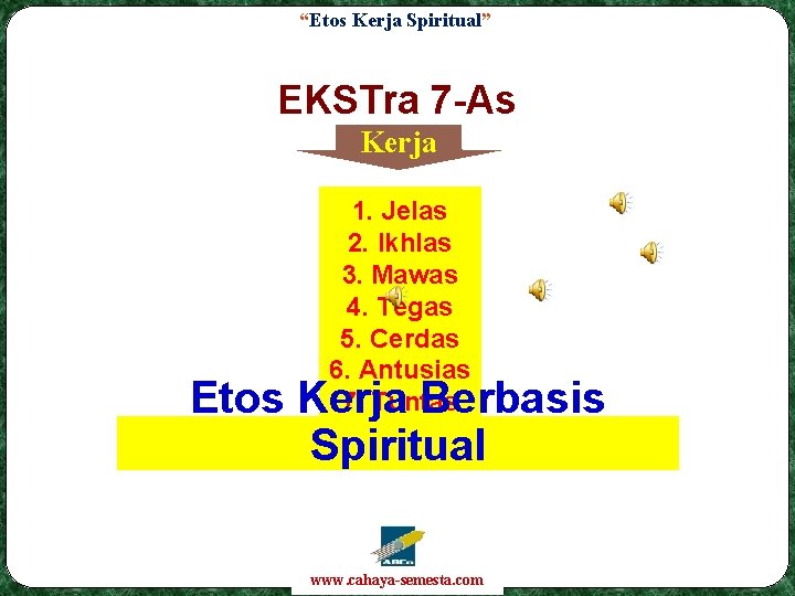 “Etos Kerja Spiritual” EKSTra 7 -As Kerja 1. Jelas 2. Ikhlas 3. Mawas 4.