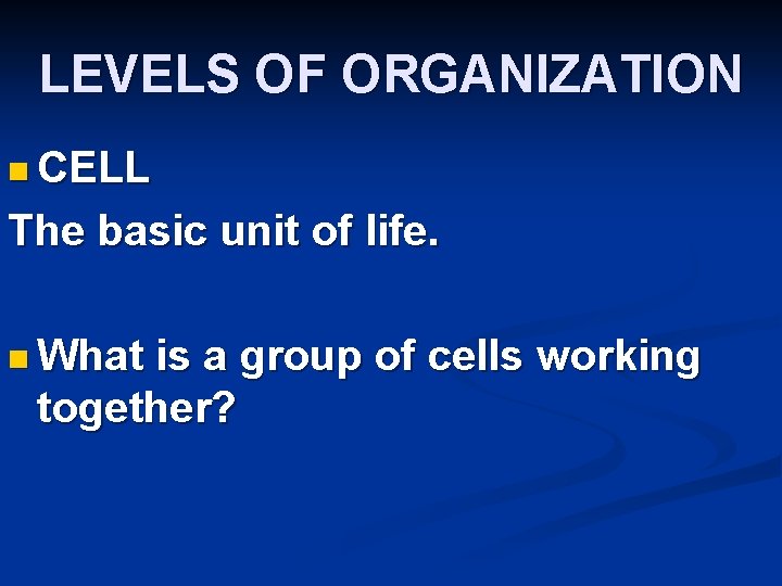 LEVELS OF ORGANIZATION n CELL The basic unit of life. n What is a