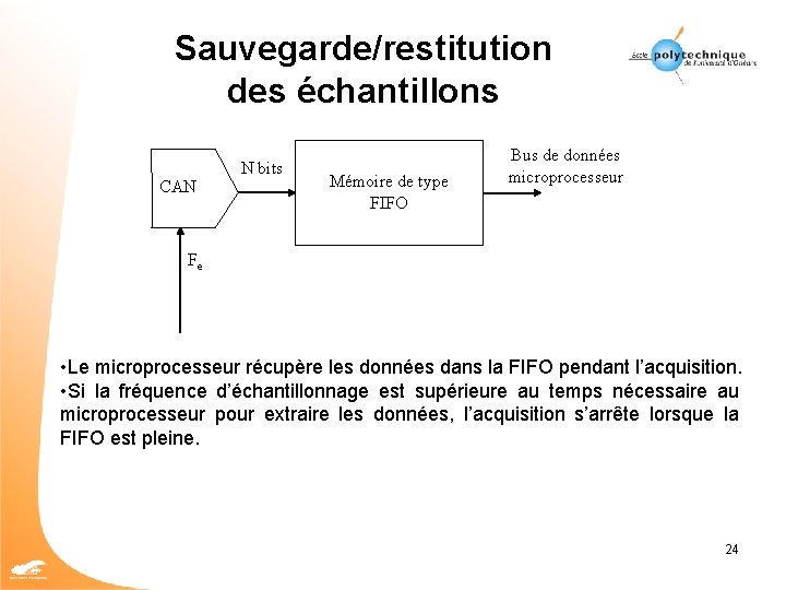 Sauvegarde/restitution des échantillons CAN N bits Mémoire de type FIFO Bus de données microprocesseur
