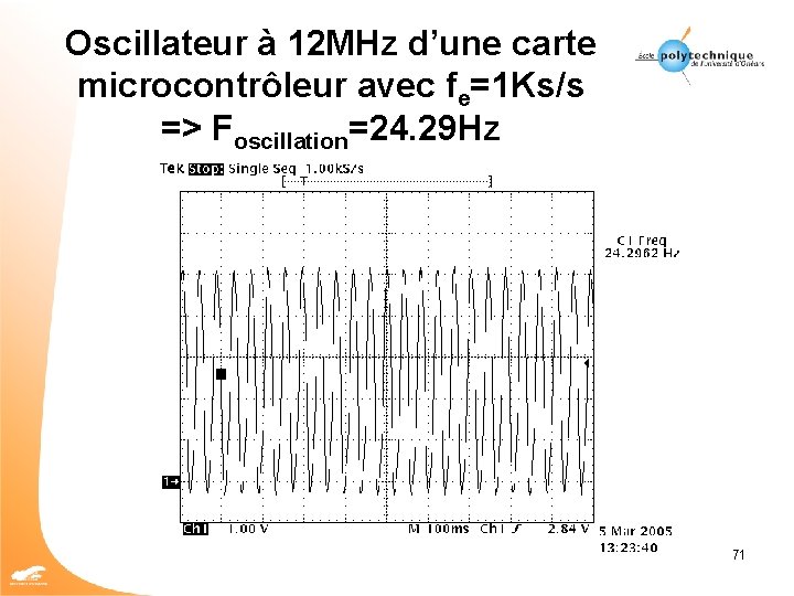 Oscillateur à 12 MHz d’une carte microcontrôleur avec fe=1 Ks/s => Foscillation=24. 29 Hz