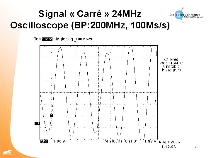 Signal « Carré » 24 MHz Oscilloscope (BP: 200 MHz, 100 Ms/s) 78 