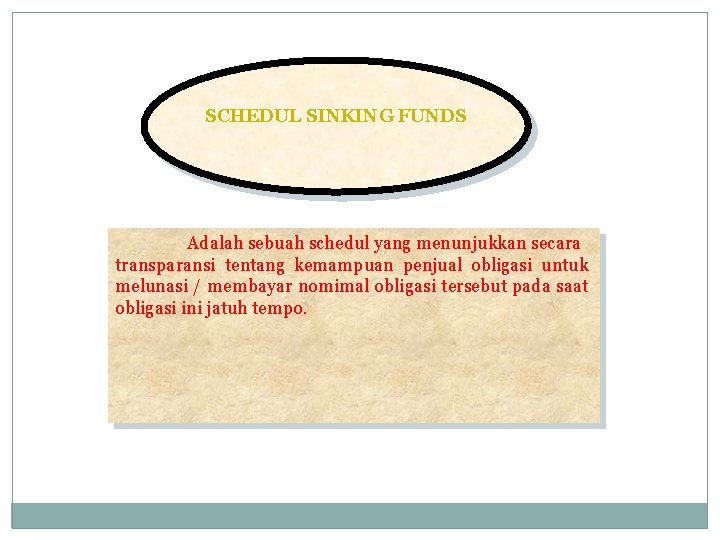 SCHEDUL SINKING FUNDS Adalah sebuah schedul yang menunjukkan secara transparansi tentang kemampuan penjual obligasi