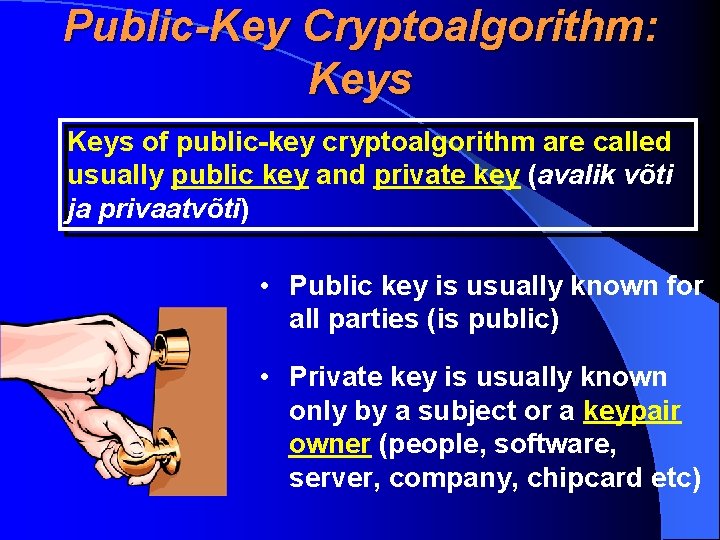 Public-Key Cryptoalgorithm: Keys of public-key cryptoalgorithm are called usually public key and private key