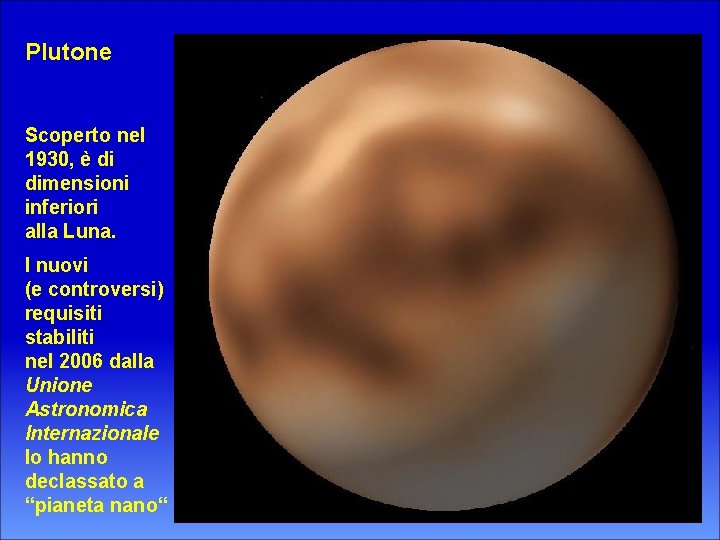 Plutone Scoperto nel 1930, è di dimensioni inferiori alla Luna. I nuovi (e controversi)