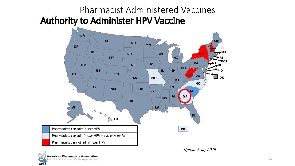 Pharmacist Administered Vaccines Authority to Administer HPV Vaccine WA MT ND OR ID WI