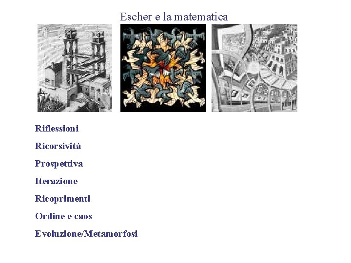 Escher e la matematica Riflessioni Ricorsività Prospettiva Iterazione Ricoprimenti Ordine e caos Evoluzione/Metamorfosi 