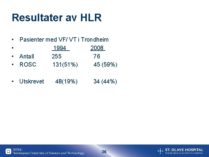 Resultater av HLR • Pasienter med VF/ VT i Trondheim • 1994 2008 •