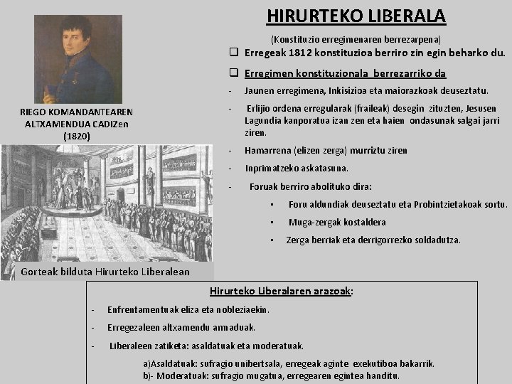 HIRURTEKO LIBERALA (Konstituzio erregimenaren berrezarpena) q Erregeak 1812 konstituzioa berriro zin egin beharko du.