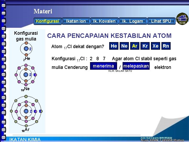 Materi Konfigurasi gas mulia 2 2 He Ikatan ion Ik. Kovalen Ik. Logam Lihat