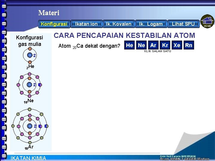 Materi Konfigurasi gas mulia Ikatan ion Ik. Kovalen Ik. Logam Lihat SPU CARA PENCAPAIAN