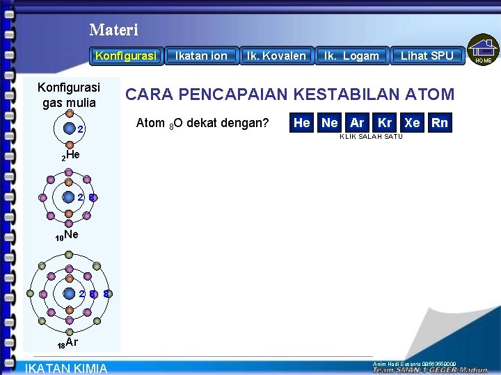 Materi Konfigurasi gas mulia 2 Ikatan ion Ik. Kovalen Ik. Logam Lihat SPU CARA