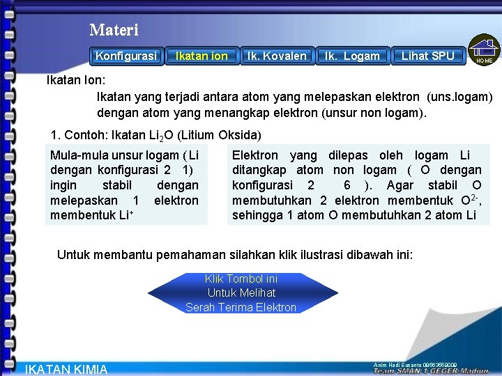 Materi Konfigurasi Ikatan ion Ik. Kovalen Ik. Logam Lihat SPU HOME Ikatan Ion: Ikatan