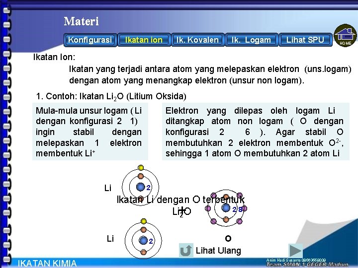 Materi Konfigurasi Ikatan ion Ik. Kovalen Ik. Logam Lihat SPU HOME Ikatan Ion: Ikatan