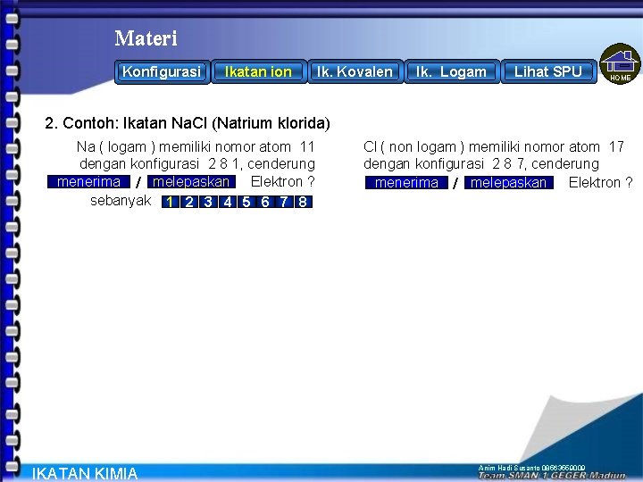 Materi Konfigurasi Ikatan ion Ik. Kovalen Ik. Logam Lihat SPU HOME 2. Contoh: Ikatan