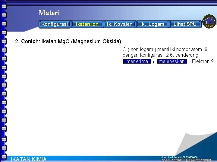 Materi Konfigurasi Ikatan ion Ik. Kovalen Ik. Logam Lihat SPU HOME 2. Contoh: Ikatan