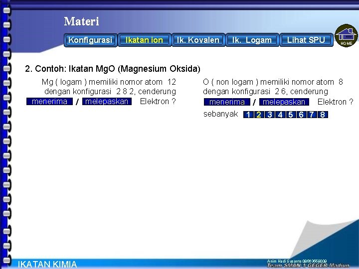 Materi Konfigurasi Ikatan ion Ik. Kovalen Ik. Logam Lihat SPU HOME 2. Contoh: Ikatan Materi Konfigurasi Ikatan ion Ik. Kovalen Ik. Logam Lihat SPU HOME 2. Contoh: Ikatan
