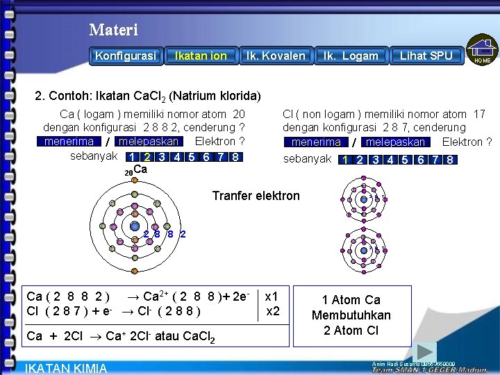 Materi Konfigurasi Ikatan ion Ik. Kovalen Ik. Logam Lihat SPU HOME 2. Contoh: Ikatan