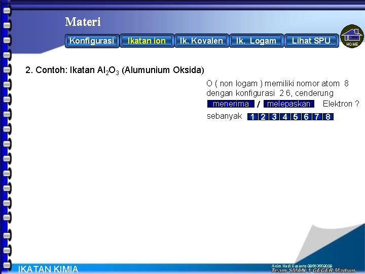 Materi Konfigurasi Ikatan ion Ik. Kovalen Ik. Logam Lihat SPU HOME 2. Contoh: Ikatan Materi Konfigurasi Ikatan ion Ik. Kovalen Ik. Logam Lihat SPU HOME 2. Contoh: Ikatan