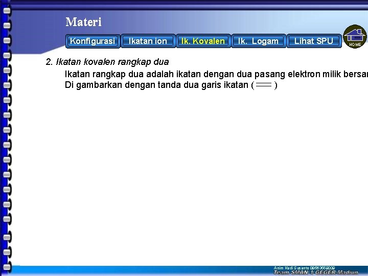 Materi Konfigurasi Ikatan ion Ik. Kovalen Ik. Logam Lihat SPU HOME 2. Ikatan kovalen