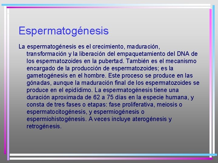 Espermatogénesis La espermatogénesis es el crecimiento, maduración, transformación y la liberación del empaquetamiento del