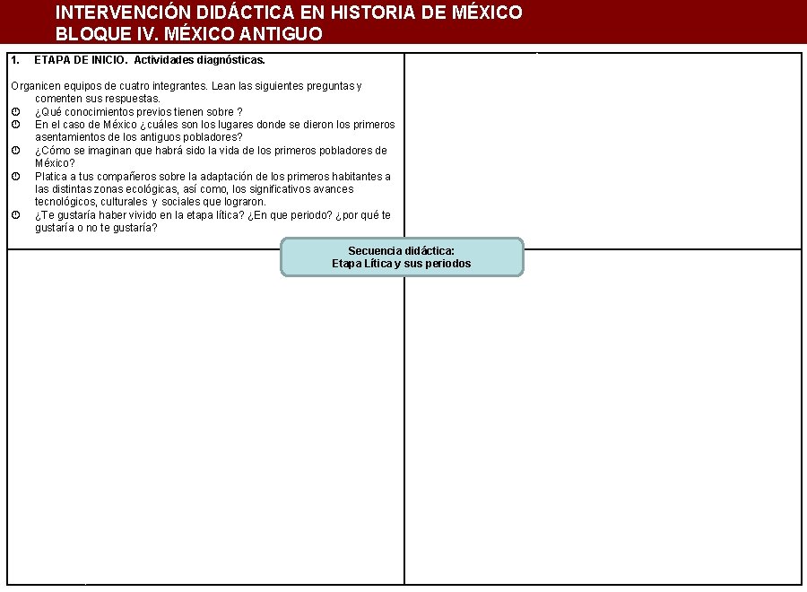 INTERVENCIÓN DIDÁCTICA EN HISTORIA DE MÉXICO BLOQUE IV. MÉXICO ANTIGUO 1. ETAPA DE INICIO.