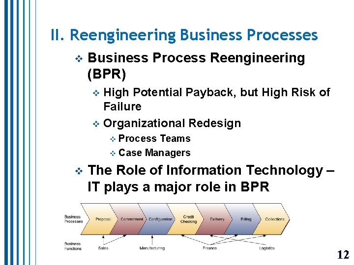 II. Reengineering Business Processes v Business Process Reengineering (BPR) High Potential Payback, but High