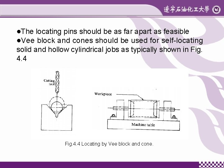●The locating pins should be as far apart as feasible ●Vee block and cones