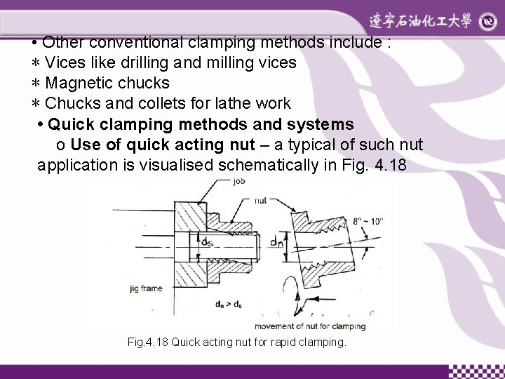  • Other conventional clamping methods include : ∗ Vices like drilling and milling