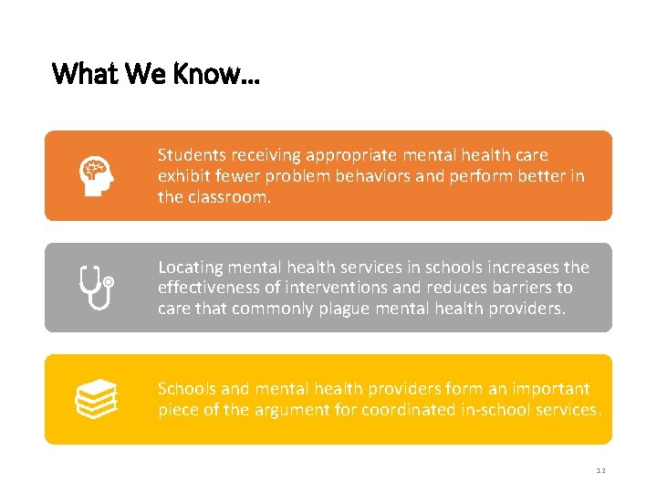 What We Know… Students receiving appropriate mental health care exhibit fewer problem behaviors and