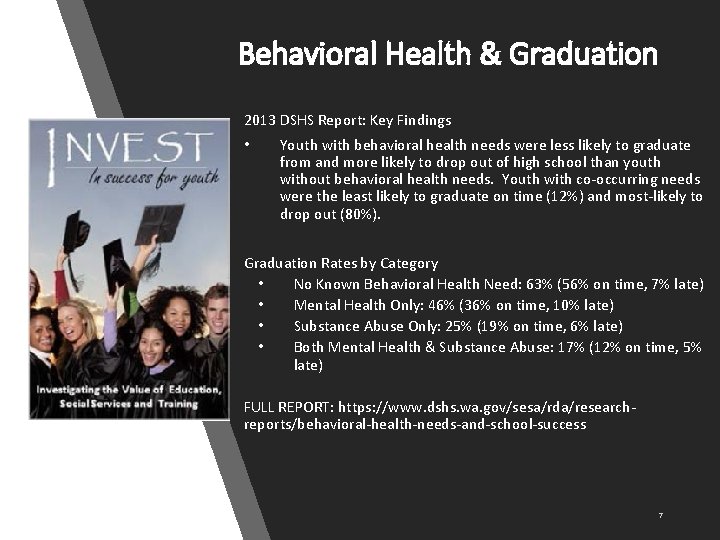 Behavioral Health & Graduation 2013 DSHS Report: Key Findings • Youth with behavioral health