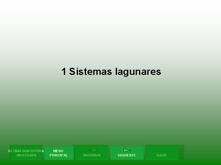 1 Sistemas lagunares ULTIMA DIAPOSITIVA MOSTRADA MENU PRINCIPAL ANTERIOR SIGUIENTE SALIR 