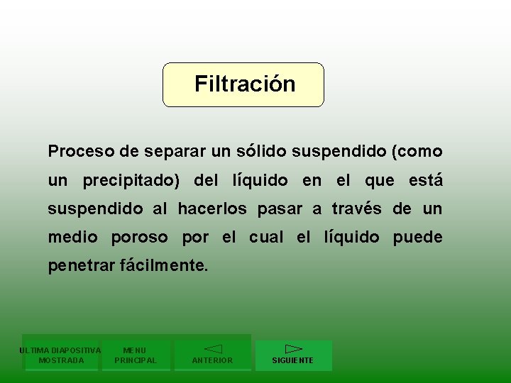 Filtración Proceso de separar un sólido suspendido (como un precipitado) del líquido en el