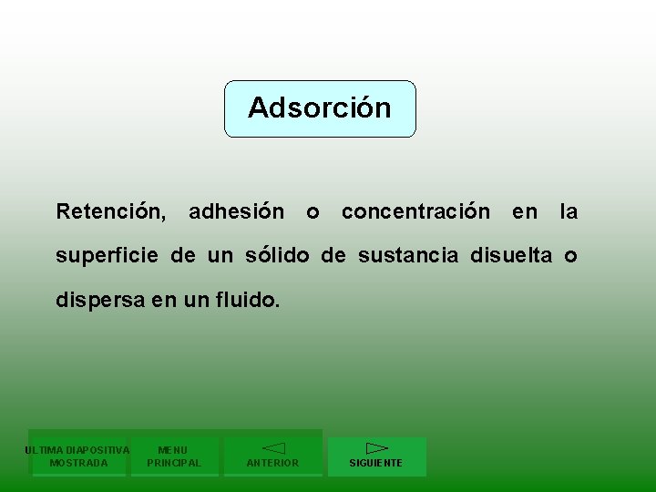 Adsorción Retención, adhesión o concentración en la superficie de un sólido de sustancia disuelta