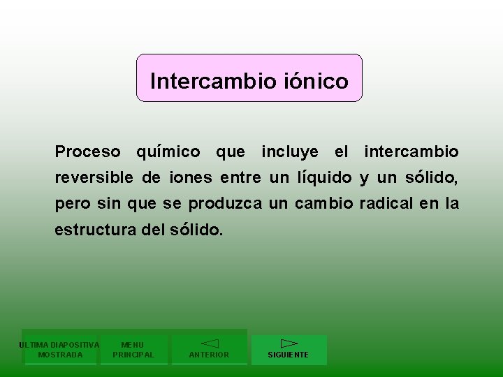 Intercambio iónico Proceso químico que incluye el intercambio reversible de iones entre un líquido Intercambio iónico Proceso químico que incluye el intercambio reversible de iones entre un líquido