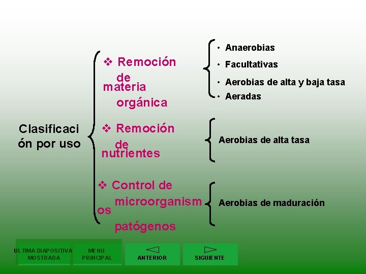  • Anaerobias v Remoción de materia orgánica Clasificaci ón por uso • Facultativas