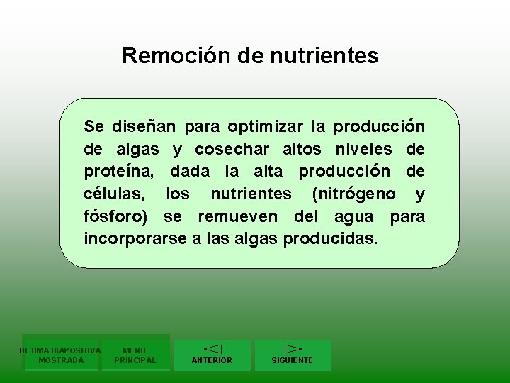 Remoción de nutrientes Se diseñan para optimizar la producción de algas y cosechar altos