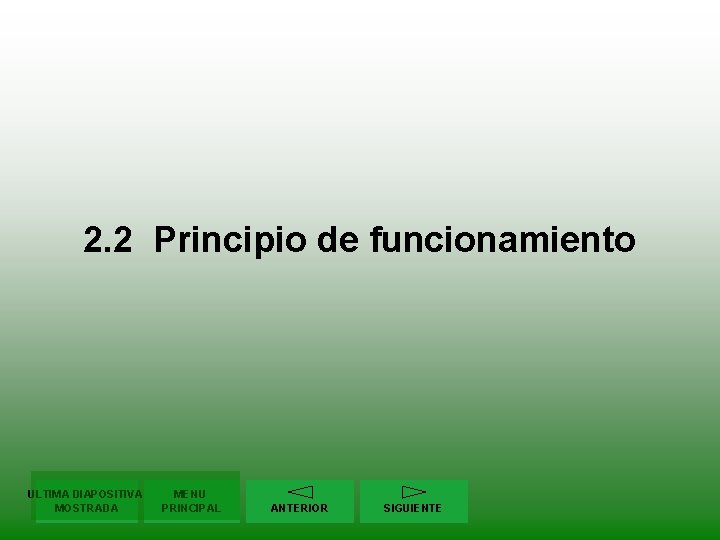 2. 2 Principio de funcionamiento ULTIMA DIAPOSITIVA MOSTRADA MENU PRINCIPAL ANTERIOR SIGUIENTE 