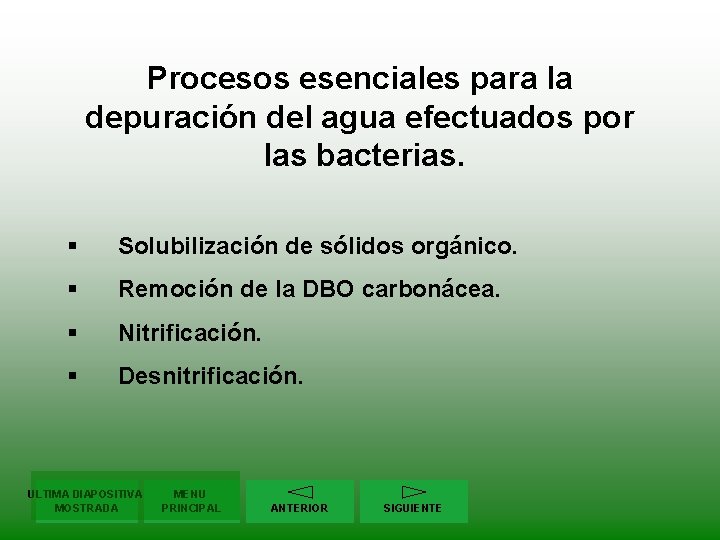 Procesos esenciales para la depuración del agua efectuados por las bacterias. § Solubilización de