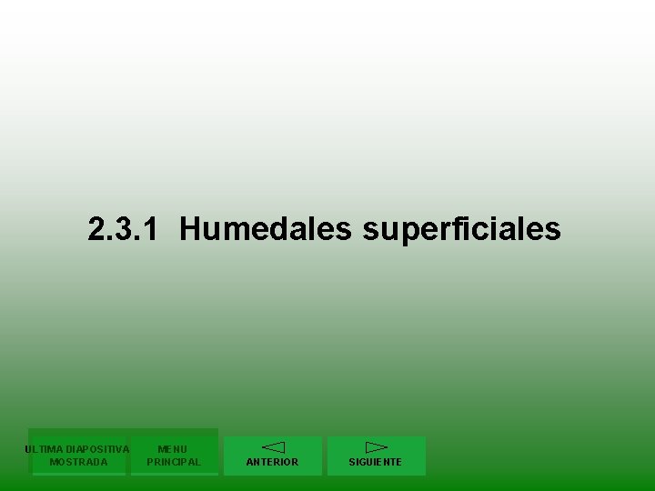 2. 3. 1 Humedales superficiales ULTIMA DIAPOSITIVA MOSTRADA MENU PRINCIPAL ANTERIOR SIGUIENTE 