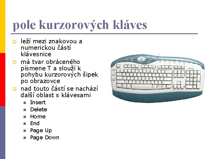 pole kurzorových kláves p p p leží mezi znakovou a numerickou částí klávesnice má