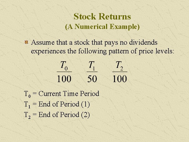 Stock Returns (A Numerical Example) Assume that a stock that pays no dividends experiences