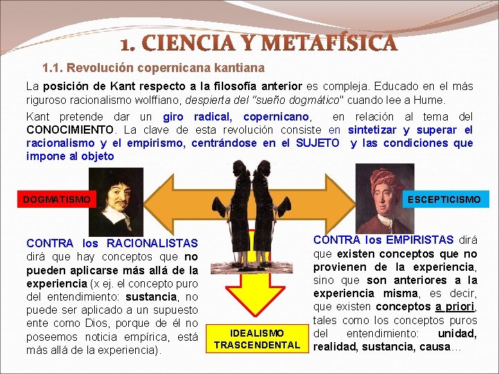 1. CIENCIA Y METAFÍSICA 1. 1. Revolución copernicana kantiana La posición de Kant respecto