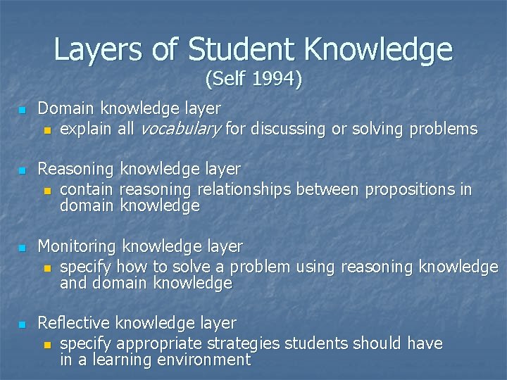Layers of Student Knowledge (Self 1994) n n Domain knowledge layer n explain all Layers of Student Knowledge (Self 1994) n n Domain knowledge layer n explain all