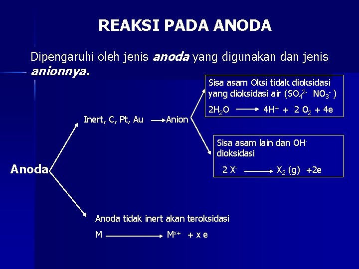 REAKSI PADA ANODA Dipengaruhi oleh jenis anoda yang digunakan dan jenis anionnya. Sisa asam