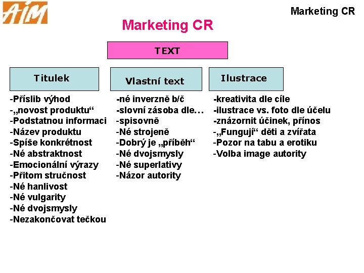 Marketing CR TEXT Titulek -Příslib výhod -„novost produktu“ -Podstatnou informaci -Název produktu -Spíše konkrétnost