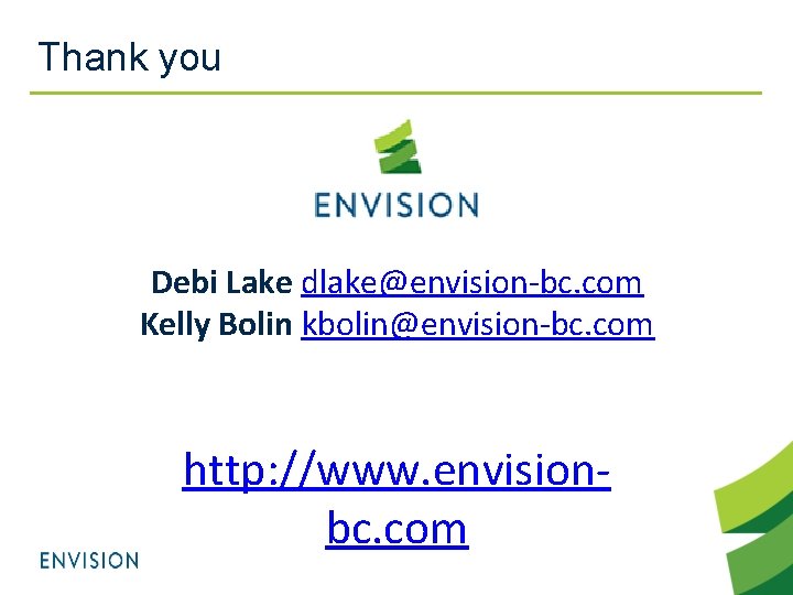 Thank you Debi Lake dlake@envision-bc. com Kelly Bolin kbolin@envision-bc. com http: //www. envisionbc. com