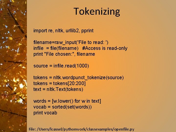 Tokenizing import re, nltk, urllib 2, pprint filename=raw_input('File to read: ') infile = file(filename)