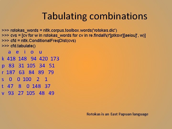 Tabulating combinations >>> rotokas_words = nltk. corpus. toolbox. words('rotokas. dic') >>> cvs = [cv